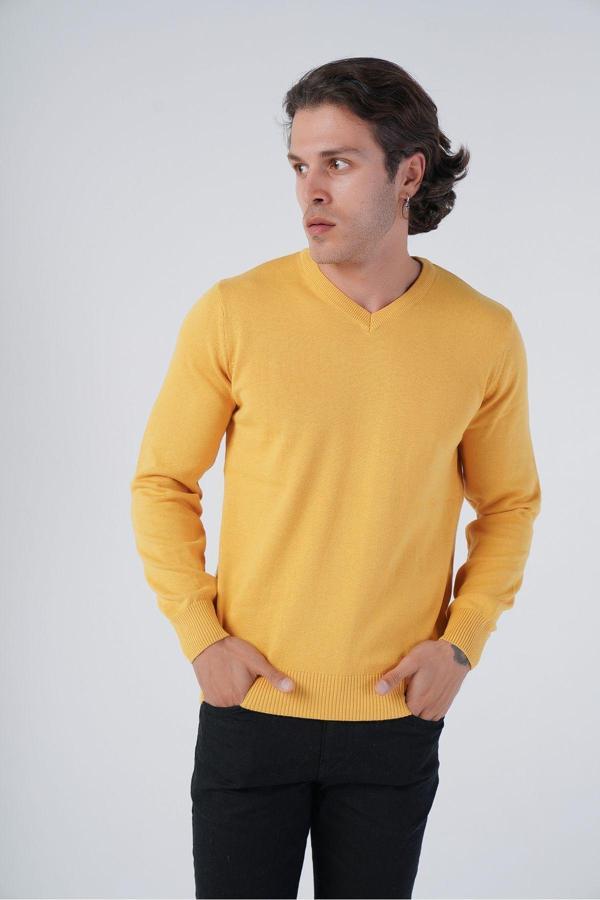 Trist Star Erkek Sarı %100 Pamuklu V Yaka Triko Kazak Trıst-1102 - Image 1