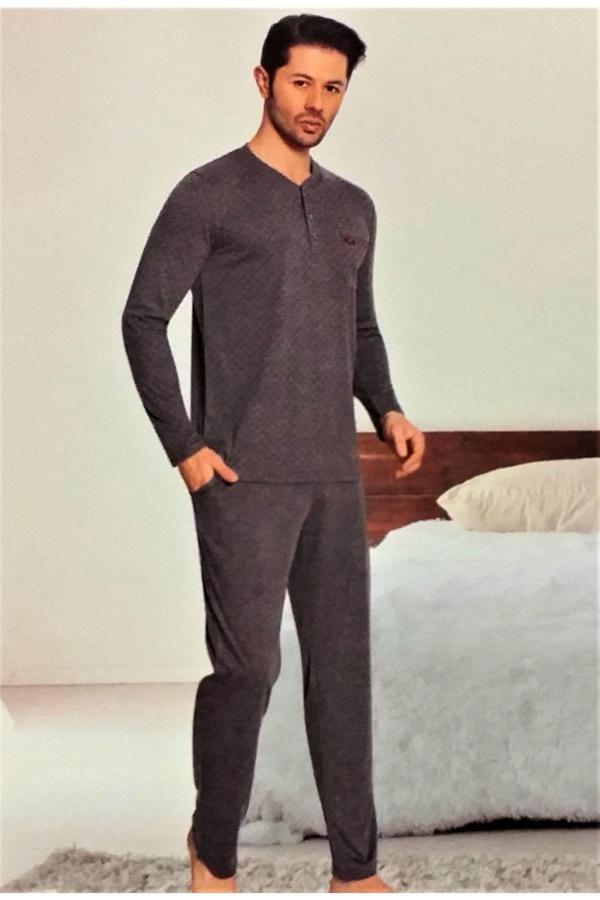 Erse Uzun Kol Pamuklu Erkek Pijama Takımı Mevsimlik Antrasit M - Image 1