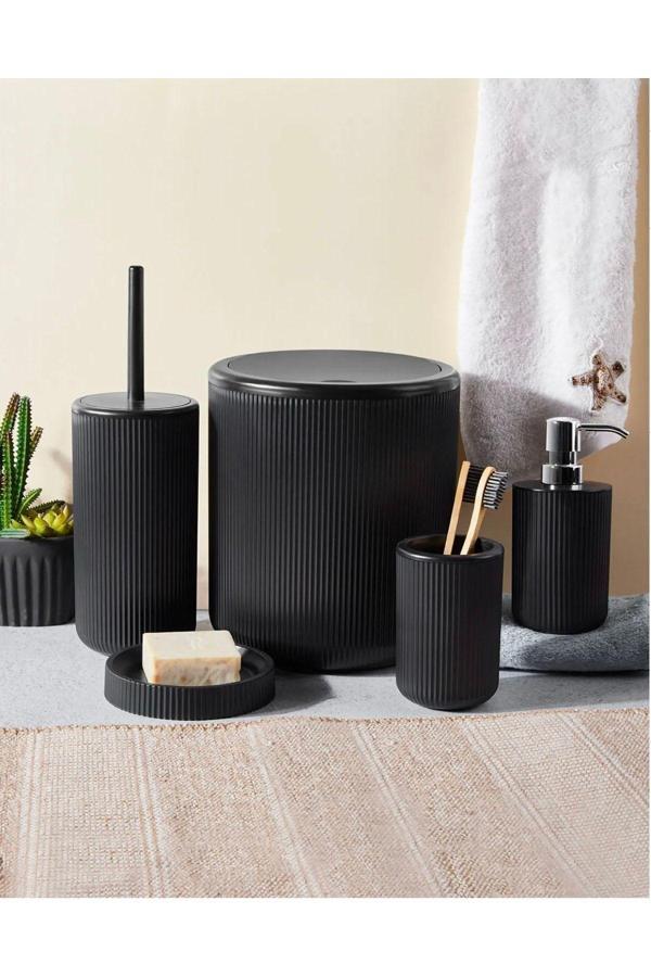 Siyah Dante Çizgili 5 Parça Banyo Set Siyah Plastik 5 Parça - Image 1