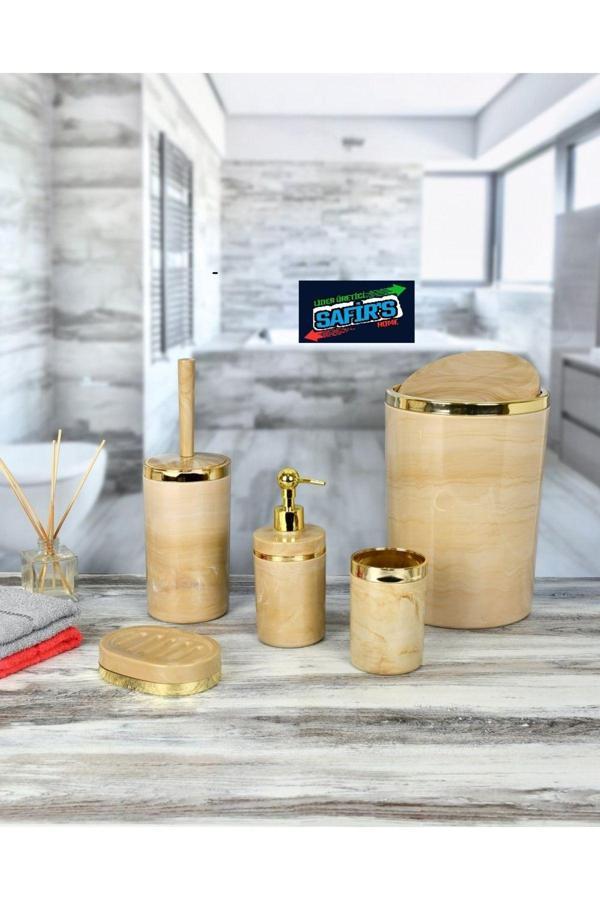 5 Parça Mermer Desen Banyo Seti / Wc Fırçalık, Sıvı - Katı Sabunluk, Çöp Kovası, Diş Fırçalık - Image 1
