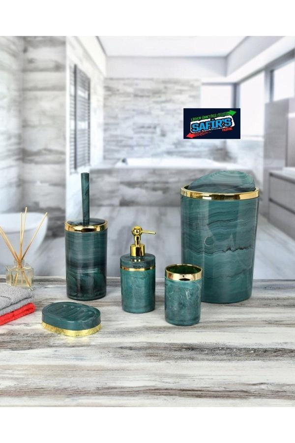 5 Parça Mermer Desen Banyo Seti / Wc Fırçalık, Sıvı - Katı Sabunluk, Çöp Kovası, Diş Fırçalık - Image 1