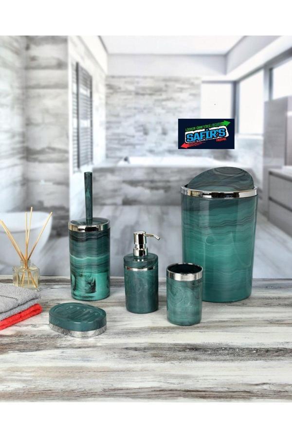 5 Parça Mermer Desen Banyo Seti / Wc Fırçalık, Sıvı - Katı Sabunluk, Çöp Kovası, Diş Fırçalık - Image 1
