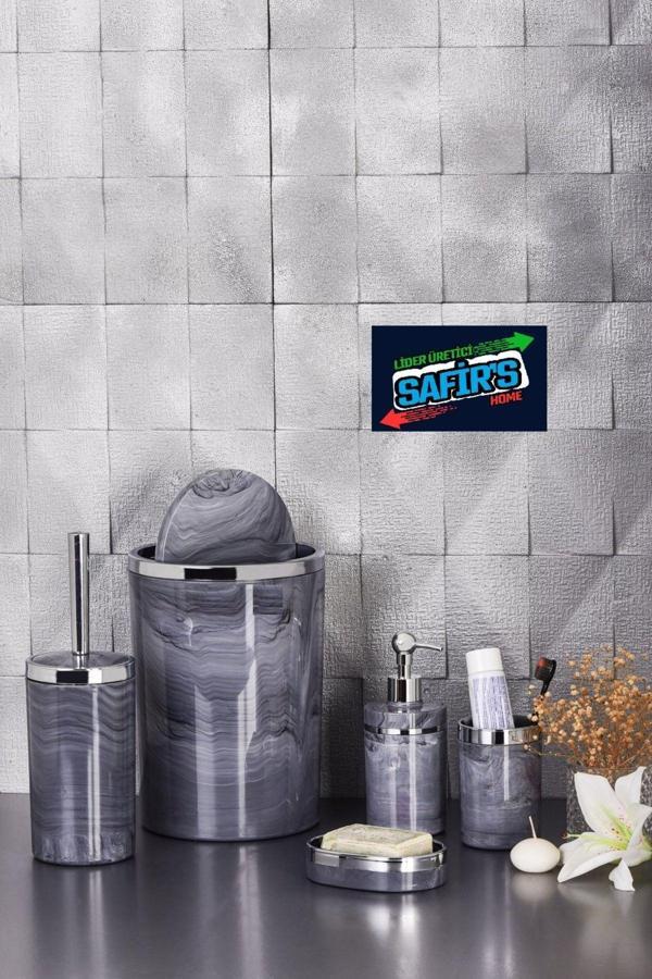 5 Parça Mermer Desen Banyo Seti / Wc Fırçalık, Sıvı - Katı Sabunluk, Çöp Kovası, Diş Fırçalık - Image 1