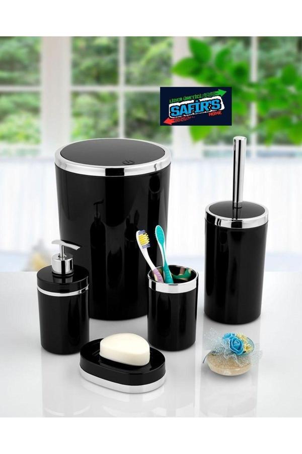 5 Parça Mermer Desen Banyo Seti / Wc Fırçalık, Sıvı - Katı Sabunluk, Çöp Kovası, Diş Fırçalık - Image 1