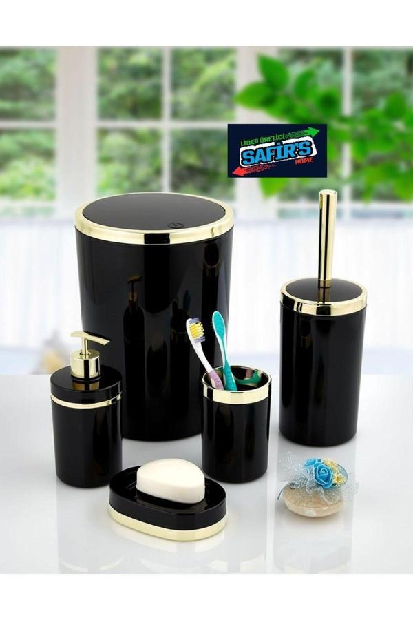 5 Parça Mermer Desen Banyo Seti / Wc Fırçalık, Sıvı - Katı Sabunluk, Çöp Kovası, Diş Fırçalık - Image 1