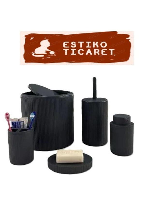 Estiko Auora 5 Parça Siyah Çizgili Kapaklı Yuvarlak 5'li Banyo Seti - Image 1
