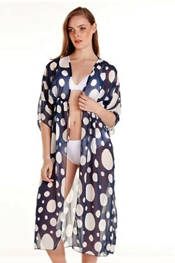 Sunsurf Truva Kol,Önden Bağlamalı,Yırtmaçlı Şifon Pareo Lacivert L - XL - Image 1
