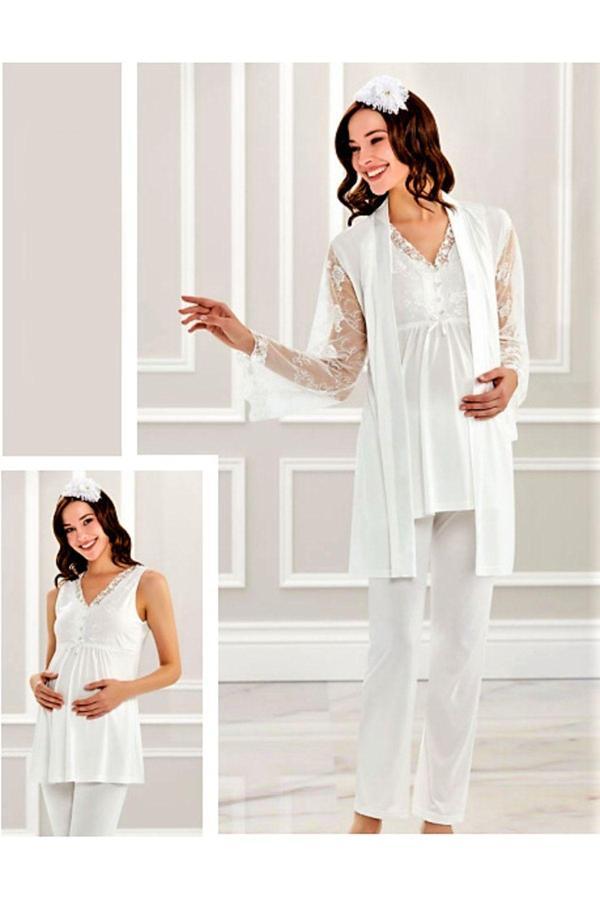 Flz 3'Lü Dantelli Lohusa Pijama Takımı Ekru Ekru L - Image 1
