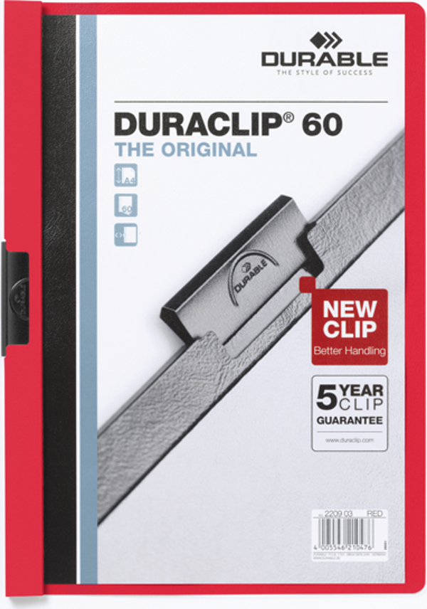 Durable A4 Sıkıştırmalı Dosya Duraclip Ortadan Klipsli 60 Sayfa Kapasiteli Kırmızı 2209 - Image 1