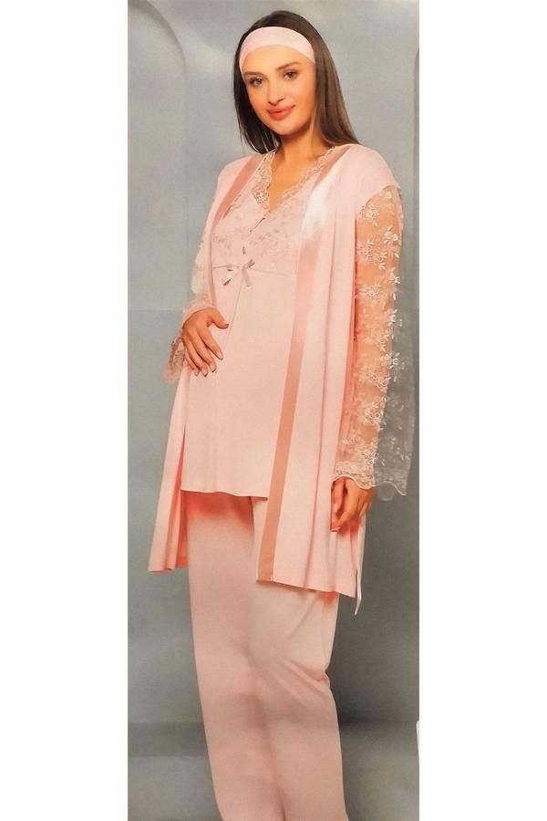 Flz 3'Lü Dantelli Lohusa Pijama Takımı Pudra Pudra L - Image 1