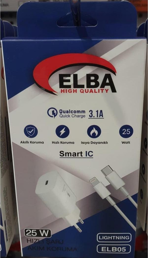 Elba Elb05-Pd-25Wios Beyaz 25W Usb-C Ev Şarj Kafa+1 Metre Type-C To Lightnıng Kablo Pd3.0-Qc4.0 Hızlı Şarj - Image 1