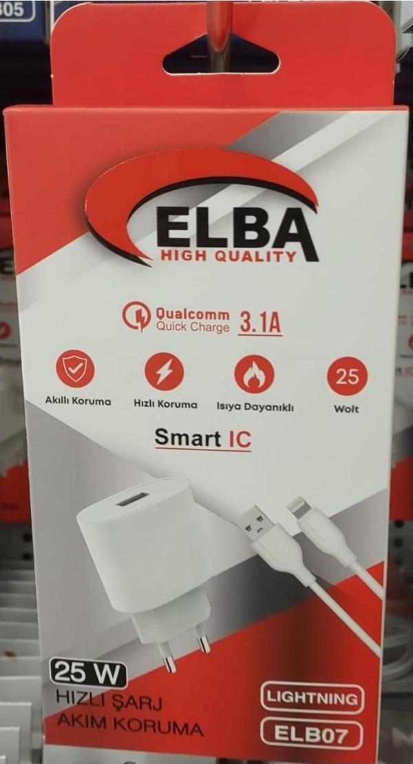 Elba Elb07-Usb-25Wios Beyaz 25W Usb Ev Şarj Kafa+ Usb 1 Metre Lightning Kablo Qc4.0 Hızlı Şarj - Image 1