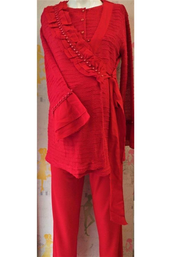 Flz Kırmızı Lizözlü 3'Lü Lohusa Takımı Kırmızı S - Image 1