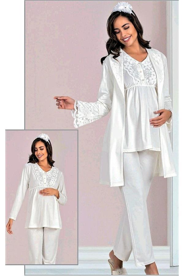 Flz Sabahlıklı Lohusa Pijama Takımı Ekru Ekru XL - Image 1