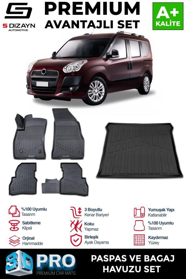 S-Dizayn Fiat Doblo Geniş Aile 3D Pro Havuzlu Paspas ve Bagaj Havuzu Seti (2'li SET) 2010-2022 A+ Kalite - Image 1