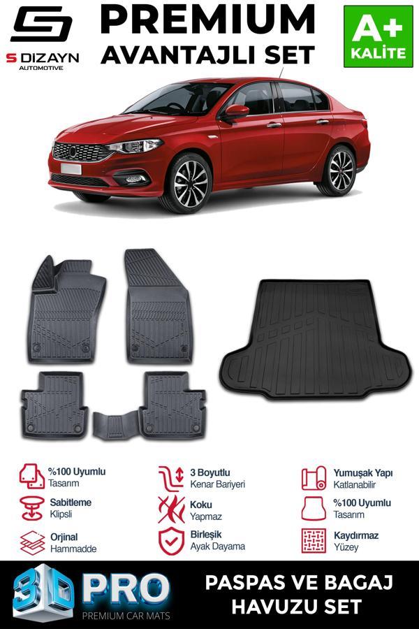 S-Dizayn Fiat Egea Sedan 3D Pro Havuzlu Paspas ve Bagaj Havuzu Seti (2'li SET) 2015 Üzeri A+ Kalite - Image 1