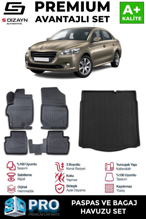 S-Dizayn Peugeot 301 3D Pro Havuzlu Paspas ve Bagaj Havuzu Seti (2'li SET) 2013 Üzeri A+ Kalite - Image 1