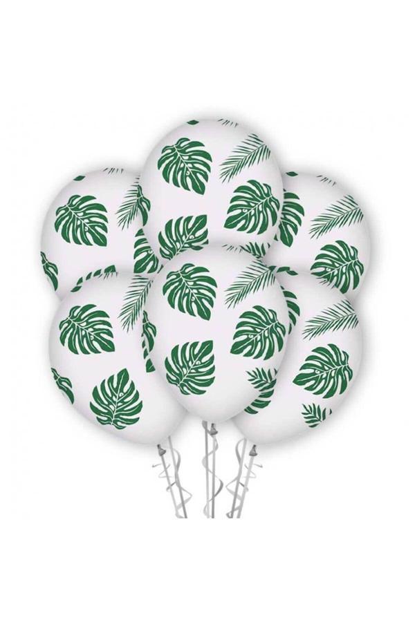 Eventpartystore Balon Lateks 12'' Yeşil Yaprak Baskılı Beyaz 8'Li - Image 1