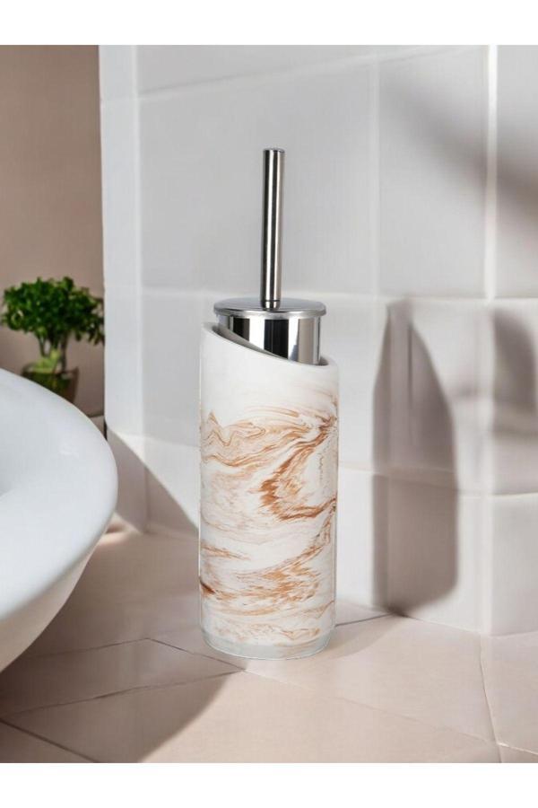 Trust Stone 2 Parça Mermer Bej Desenli Beton Tuvalet Fırçası Metal Wc Fırçalığı - Image 1