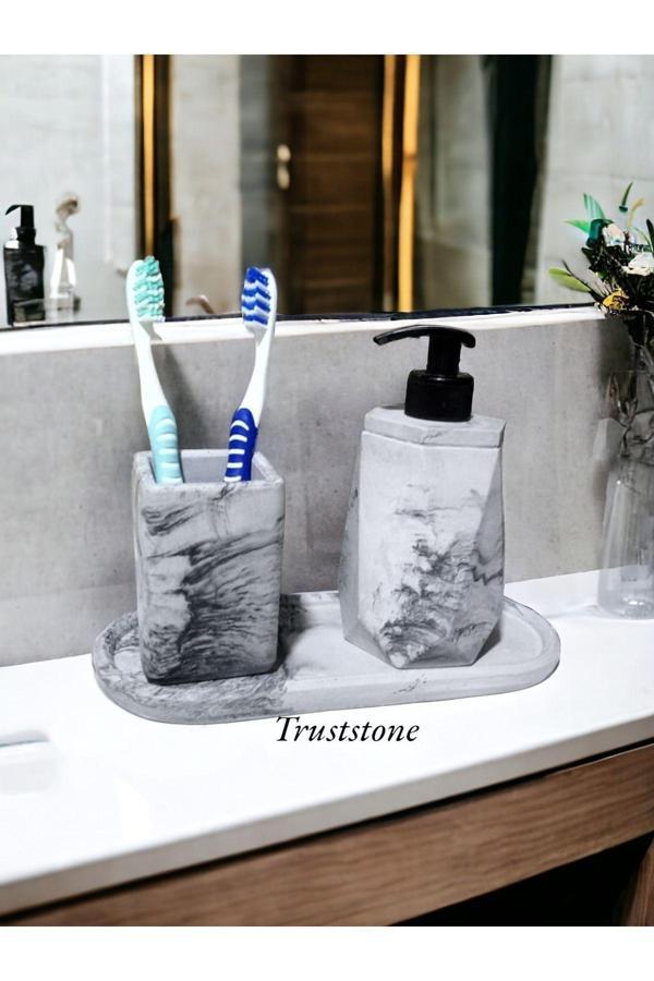 Trust Stone 3'Li Mermer Desenli Görünümlü Banyo Seti, Sıvı Sabunluk Diş Fırçalığı Beton Antrasit - Image 1