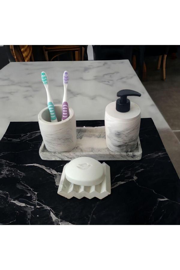 Trust Stone 4'Lü Banyo Seti , Sıvı Sabunluk Diş Fırçalığı Beton Aksesuar Takım - Image 1