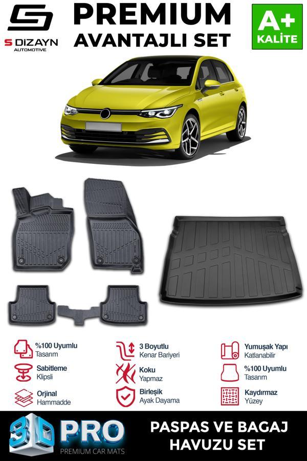 S-Dizayn VW Golf 8 Otomatik 3D Pro Havuzlu Paspas ve Üst Bagaj Havuzu Seti (2'li SET)  2021-2024 A+ Kalite - Image 1