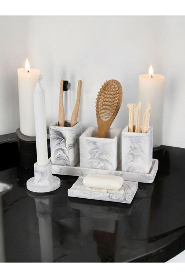 Trust Stone 6 Parça Mermer Desen  Beton Banyo Seti Diş Fırçalık Tütsülük Mumluk Tepsi Sabunluk - Image 1