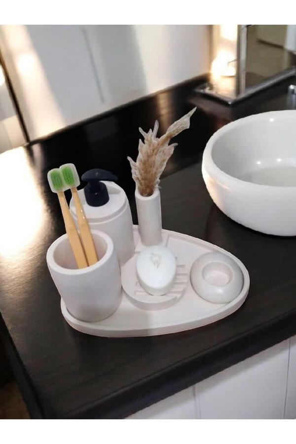 Trust Stone 6'Lı Kırık Beyaz Beton Banyo Seti Sıvı Sabunluk Diş Fırçalığı ,Tepsili,Mumluklu Aksesuar Takım - Image 1