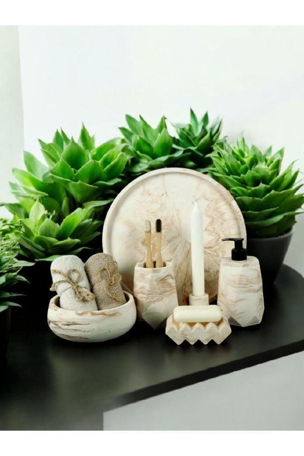 Trust Stone 6'Lı Mermer Desenli Beton Banyo Seti , Sıvı Sabunluk Diş Fırçalığı Beton Aksesuar Takım - Image 1
