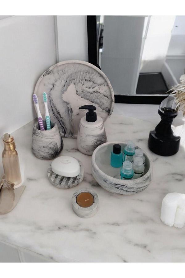 Trust Stone 6'Lı Mermer Desenli Beton Banyo Seti ,Sıvı Sabunluk Diş Fırçalığı Aksesuar Takımı - Image 1