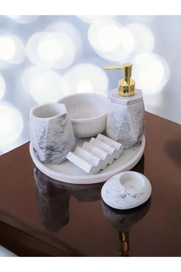 Trust Stone 6'Lı Mermer Desenli Beton Banyo Seti Sıvı Sabunluk Diş Fırçalığı Aksesuar Takımı - Image 1