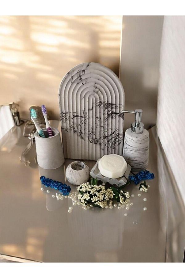 Trust Stone Antrasit Havluluk Ve Sabunluk Banyo Seti,Tepsi,Sıvı,Katı Sabunluk,Havluluk,Mumluk - Image 1