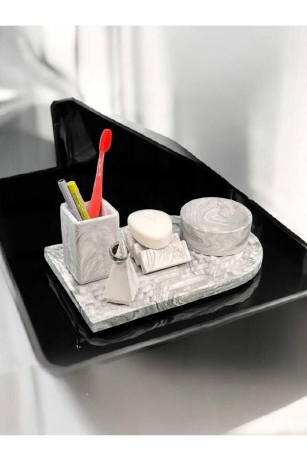 Trust Stone Archade Organizerli Beton Banyo Seti,Banyo Seti,Katı Sabunluk,Diş Fırçalığı,Tepsi,Yüzüklük - Image 1
