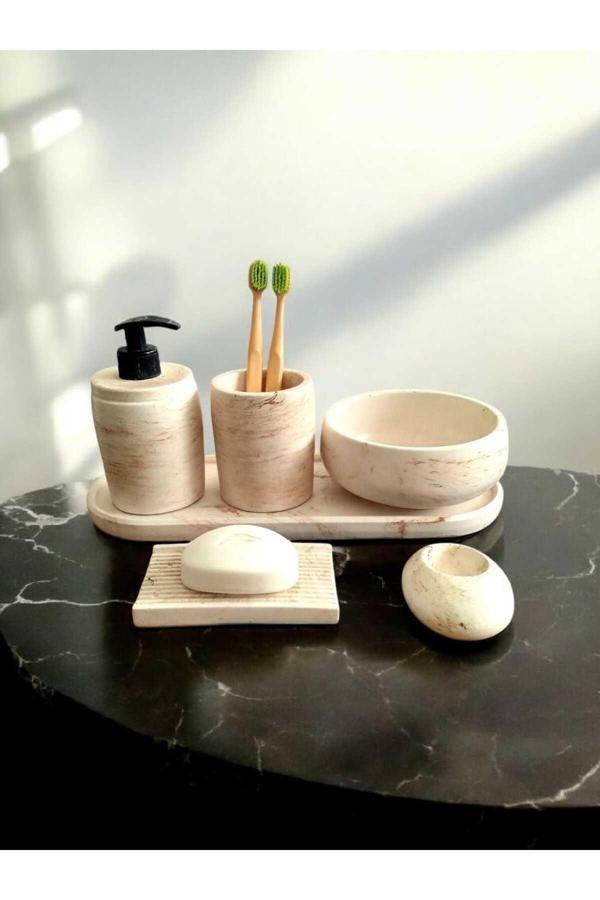 Trust Stone Bej Marble Serisi 6'Lı Banyo Seti, Sıvı Sabunluk Diş Fırçalığı Beton Aksesuar Takımı - Image 1