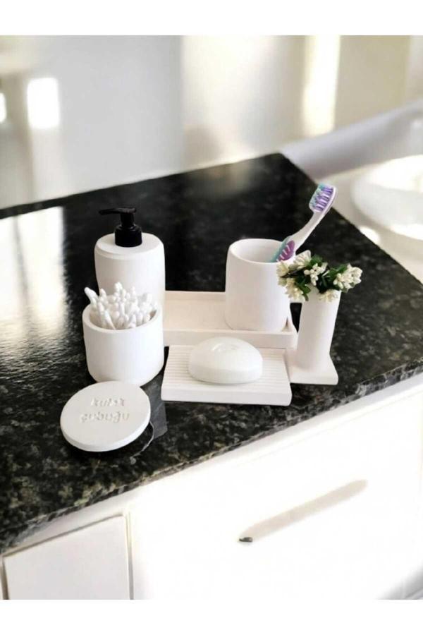 Trust Stone Kırık Beyaz Beton Banyo Seti Tuvalet Wc Sıvı Sabunluk Diş Fırçalığı Beton Aksesuar Takım - Image 1