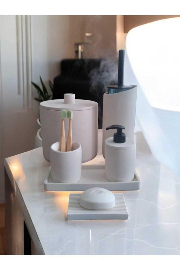 Trust Stone Kırık Beyaz Çöp Kovasi,Banyo Seti Tuvalet Wc Sıvı Sabunluk Diş Fırçalığı Beton Aksesuar Takım - Image 1