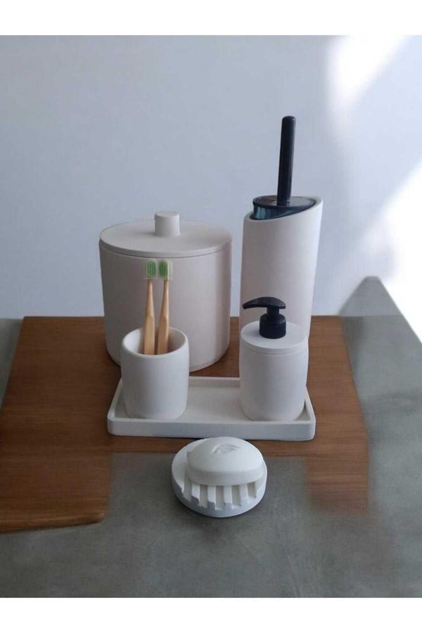 Trust Stone Kırık Beyaz Çöp Kovasi,Banyo Seti Tuvalet Wc Sıvı Sabunluk Diş Fırçalığı Beton Aksesuar Takımı - Image 1