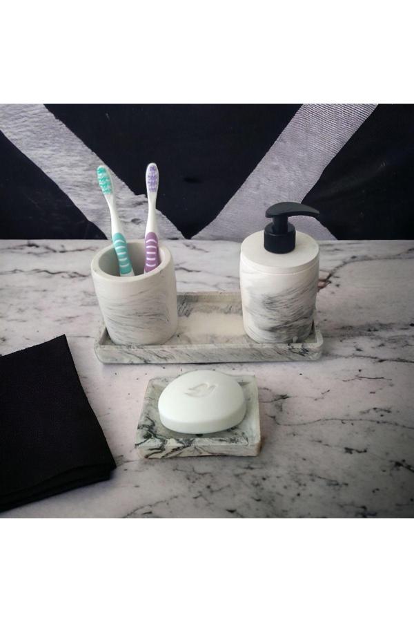 Trust Stone Marble 4'Lü Banyo Seti , Sıvı Sabunluk Diş Fırçalığı Beton Aksesuar Takım - Image 1