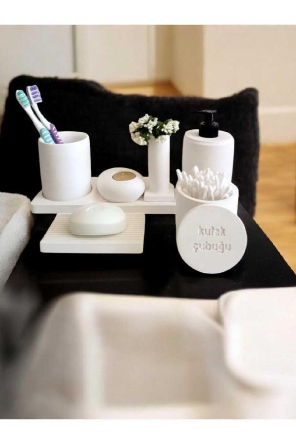 Trust Stone Marble Kırık Beyaz Beton Banyo Seti Tuvalet Wc Sıvı Sabunluk Diş Fırçalığı Beton Aksesuar Takım - Image 1