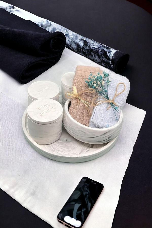 Trust Stone Marble Serisi Havluluk Ve Organizerli Beton Banyo Seti - Image 1