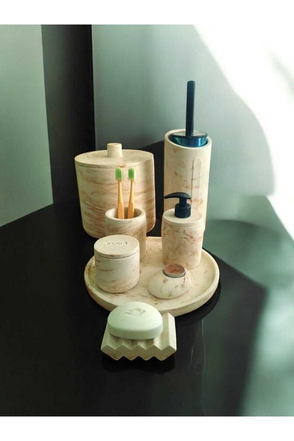 Trust Stone Mermer Desen Bej Beton Banyo Set,Tuvalet Fırçası,Çöp Kovası,Katı,Sıvı Sabunluk,Tepsi,Pamukluk,Mumluk - Image 1