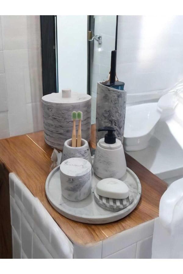 Trust Stone Mermer Desen Beton Banyo Seti,Tuvalet Fırçası,Çöp Kovası,Katı,Sıvı Sabunluk,Tepsi,Pamukluk - Image 1