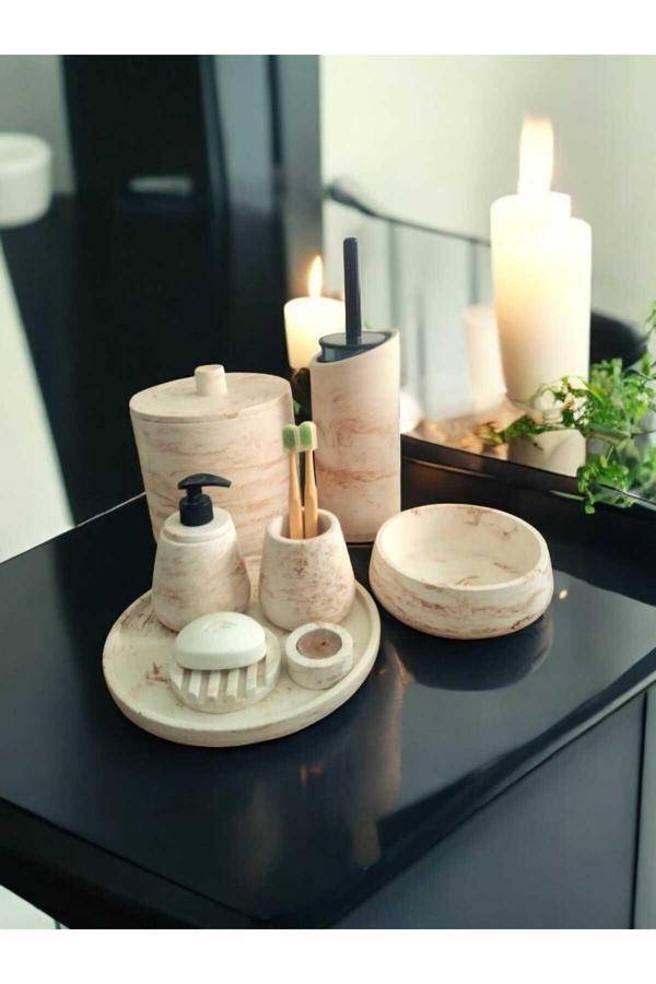 Trust Stone Mermer Desen Tam Beton Banyo Seti,Tuvalet Fırçası,Çöp Kovası,Katı,Sıvı Sabunluk,Tepsi - Image 1