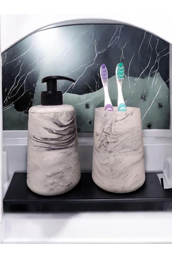 Trust Stone Mermer Desenli Gri Beton Banyo Seti Sıvı Sabunluk Aksesuar Takım - Image 1