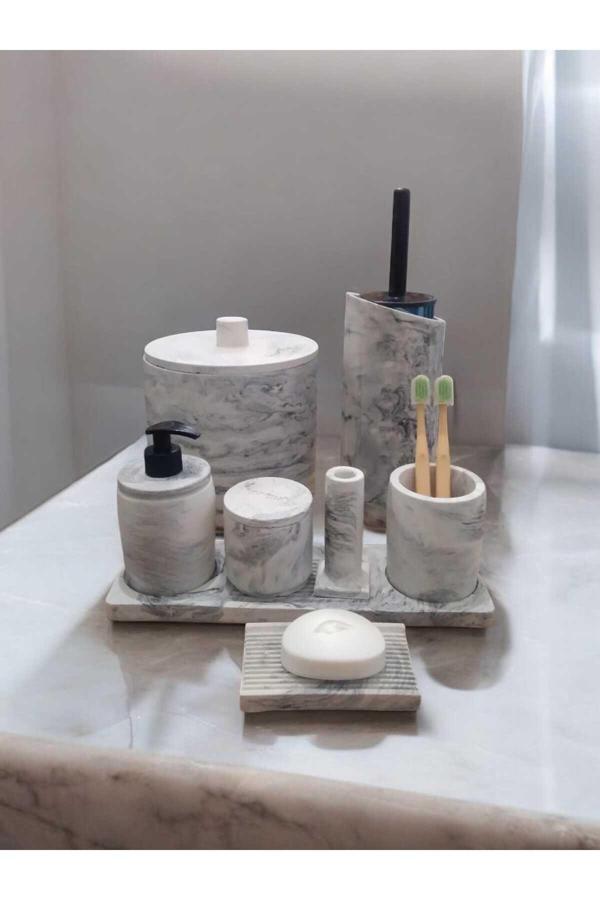 Trust Stone Mermer Desenli Tam Beton Banyo Seti Tuvalet Wc Sıvı Sabunluk Diş Fırçalığı Aksesuar Takım - Image 1