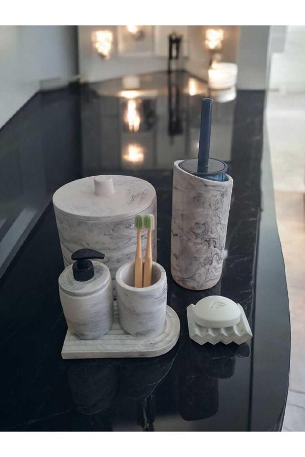 Trust Stone Mermer Serisi Gri Beton Banyo Seti,Çöp Kovasi,Tuvalet Fırçası Takim - Image 1