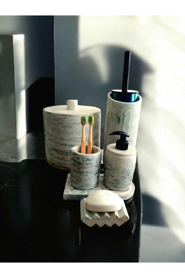 Trust Stone Yeşil Mermer Desen Beton Banyo Seti,Çöp Kovasi Ve Fırçası,Katı,Sıvı Sabunluk,Diş Fırçalığı,Mumluk - Image 1