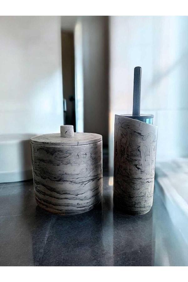 Trust Stone Mermer Desenli Antrasit Beton Çöp Kovası Ve Fırçalık Seti - Image 1