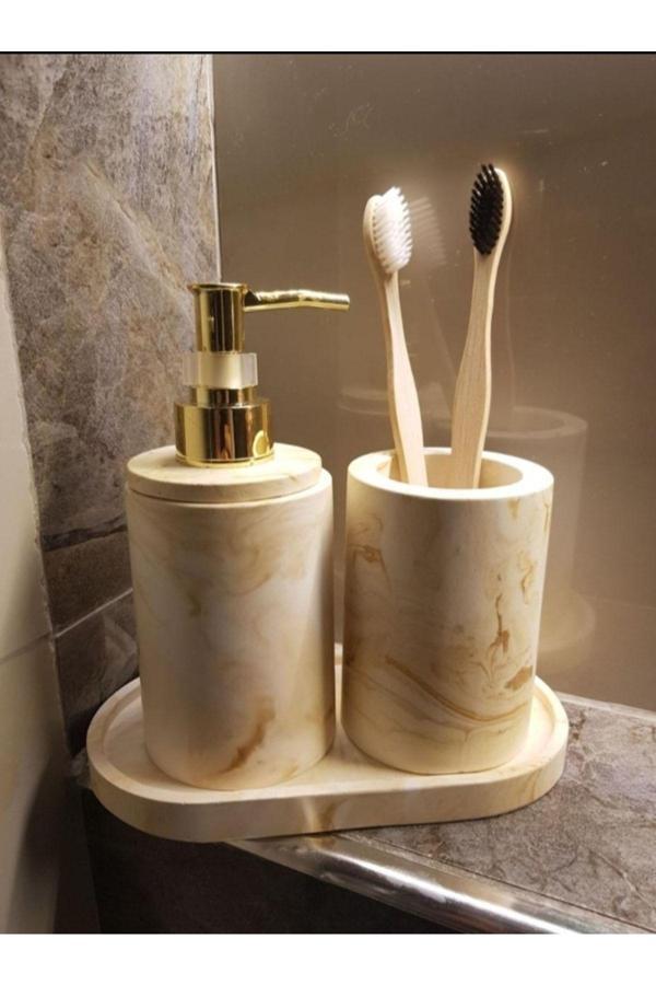 Trust Stone Marble Bej Serisi 3'Lü Beton Sivi Sabunluk Ve Diş Fırçalık Seti - Image 1