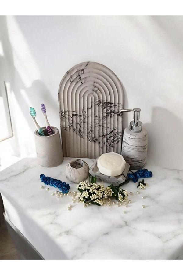 Trust Stone Marble Serisi Antrasit 5 Li Banyo Seti, Sıvı Sabunluk Diş Fırçalığı Beton Aksesuar Takım - Image 1